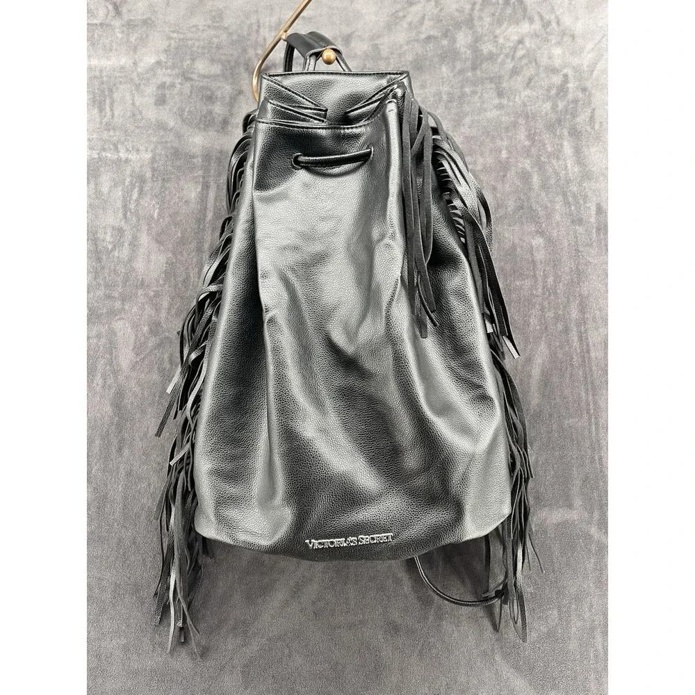 Victoria's Secret Black Fringe Backpack Faux Leather Boho Festival Bag Large